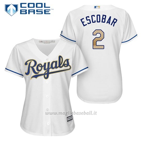 Maglia Baseball Donna Kansas City Royals 2 Alcides Escobar Bianco 2017 Cool Base